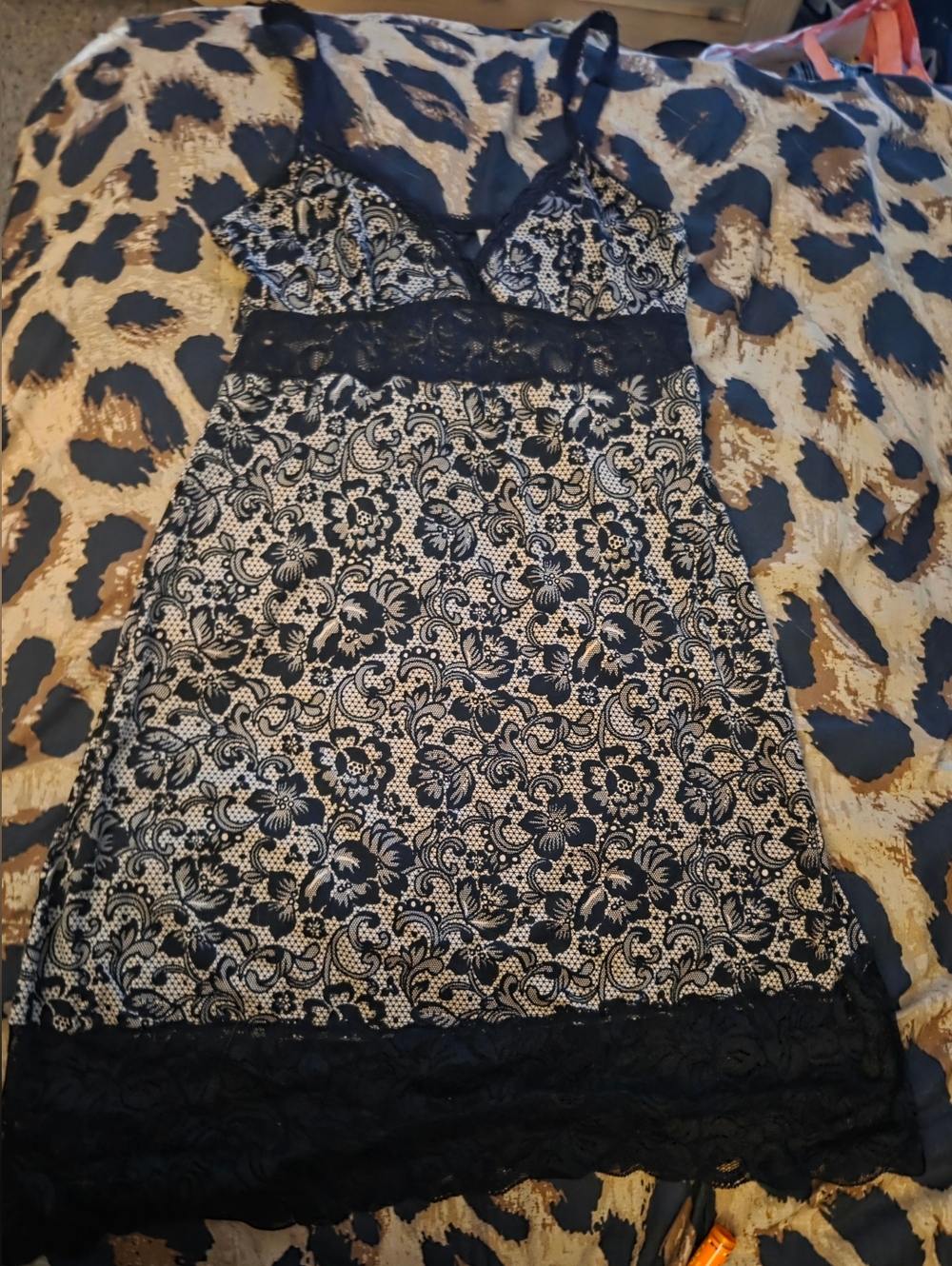 Lace Trim Floral Slip Dress - Black & Cream